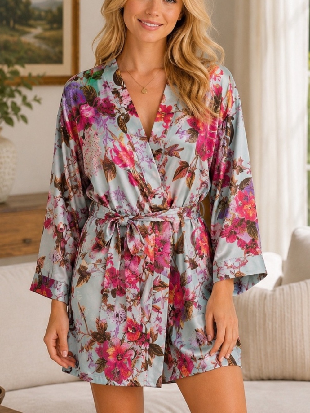 Victoria’s Secret Floral Satin Kimono Robe Blue Pink Wrap Robe 25506